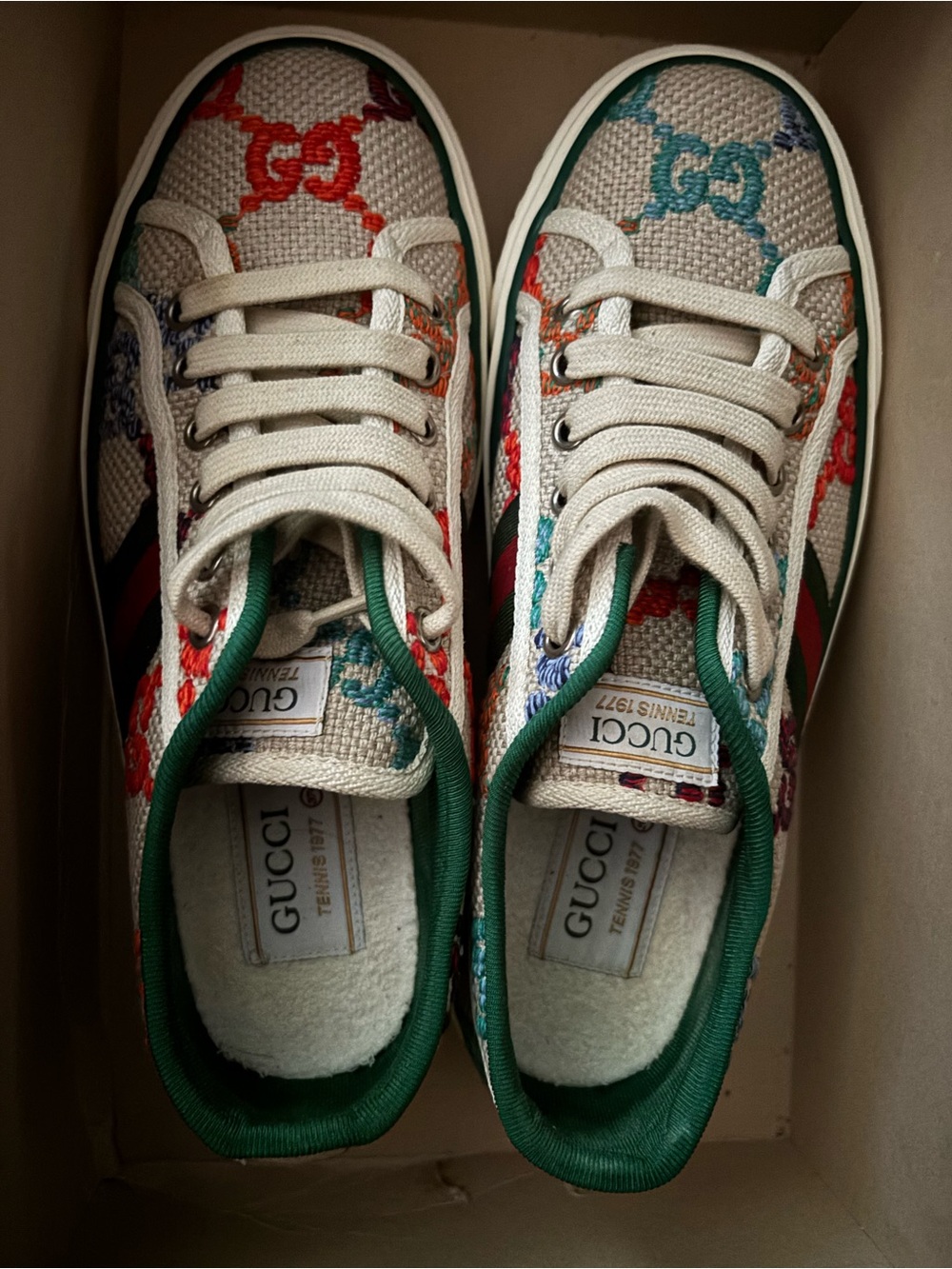Gucci Beige Canvas Low-Top Sneakers with Multicolor GG Embroidery